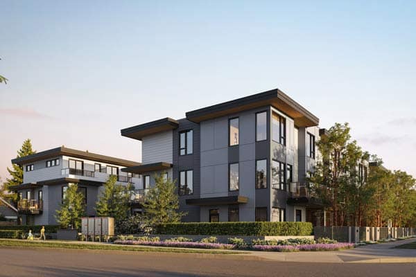 Street-level perspective of Sundays on Grant Coquitlam townhomes in Burquitlam at 927 Grant Street by Anthem, highlighting modern facades, greenery, and walkable layout.