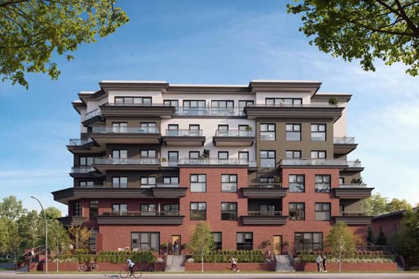 Street-level rendering of The PoCo Port Coquitlam, a boutique condo development by Azure Group located at 2431 Mary Hill Road in Central Port Coquitlam, showing the full building elevation with brick podium, modern upper levels, landscaped frontage, and pedestrian-friendly streetscape