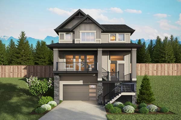 Front exterior streetscape view of a single-family home at Timber's Edge Burke Mountain in Coquitlam by Foxridge Homes, featuring modern craftsman design, attached garage, elevated entry, and landscaped yard with forest and mountain backdrop