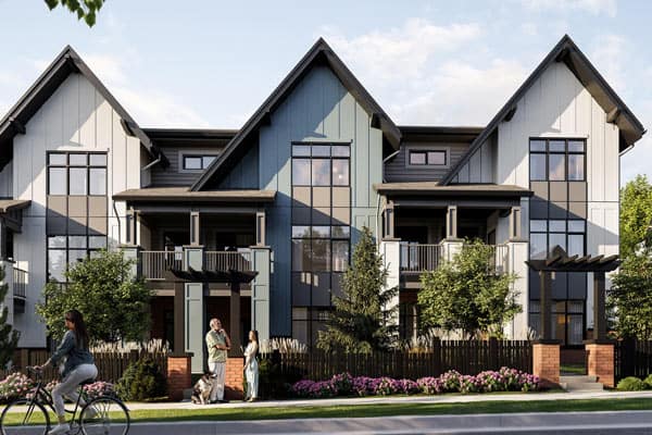 Street view of Versant Coquitlam townhomes in Burke Mountain, developed by Infinity Properties at 3545 Monson Crescent, featuring modern three-storey homes with pitched roofs, large windows, landscaped front yards, and a family-friendly streetscape with residents walking and cycling.
