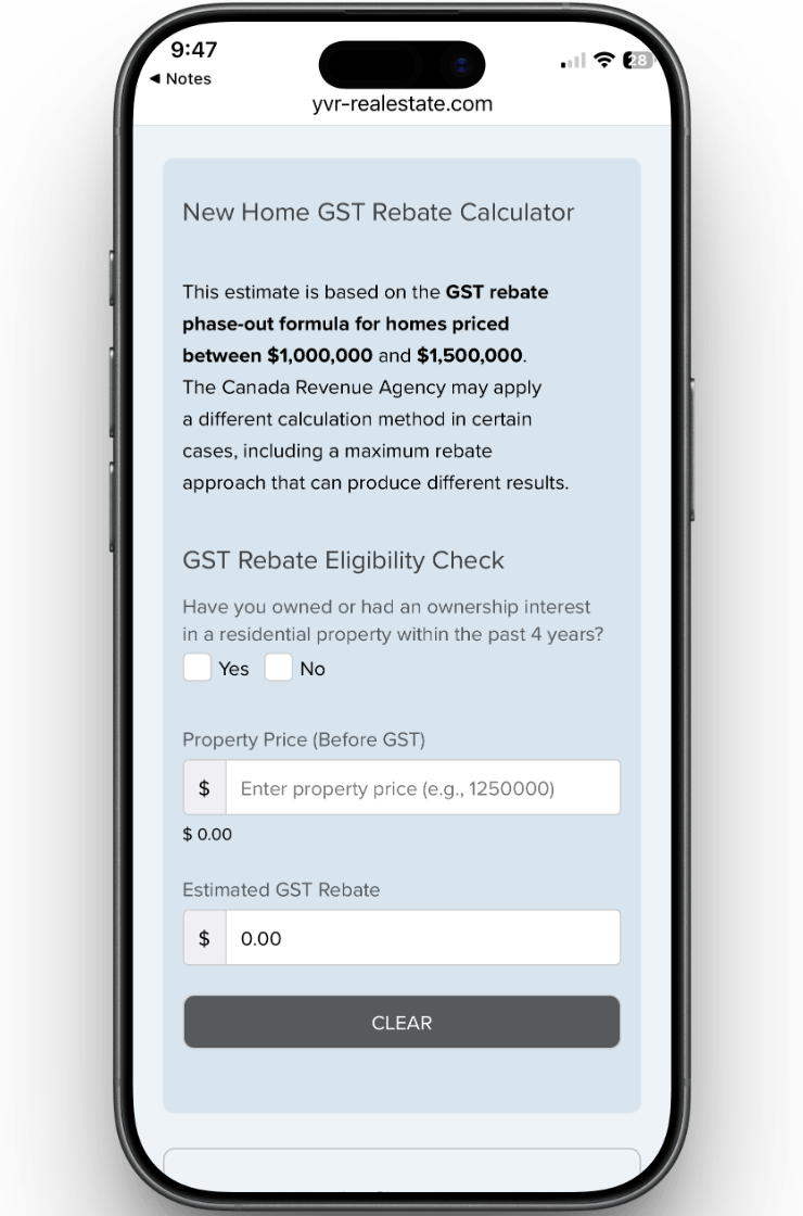 Mobile phone displaying the New Home GST Rebate Calculator on yvr-realestate.com, showing fields for property price input, GST rebate eligibility check, and estimated GST rebate results for homes priced between $1,000,000 and $1,500,000 in Canada