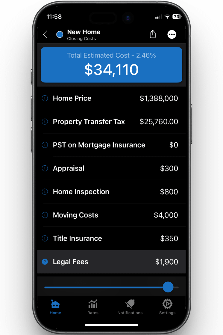 Closing cost calculator BC estimating total home purchase expenses including legal fees and taxes.