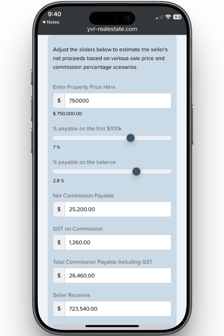 Real estate commission calculator BC showing GST and seller proceeds on mobile.