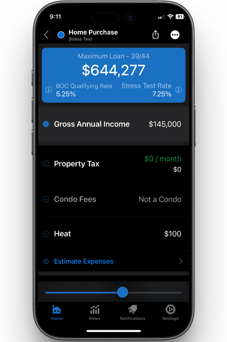Mortgage Stress Test Calculator showing maximum loan qualification based on income and rate.