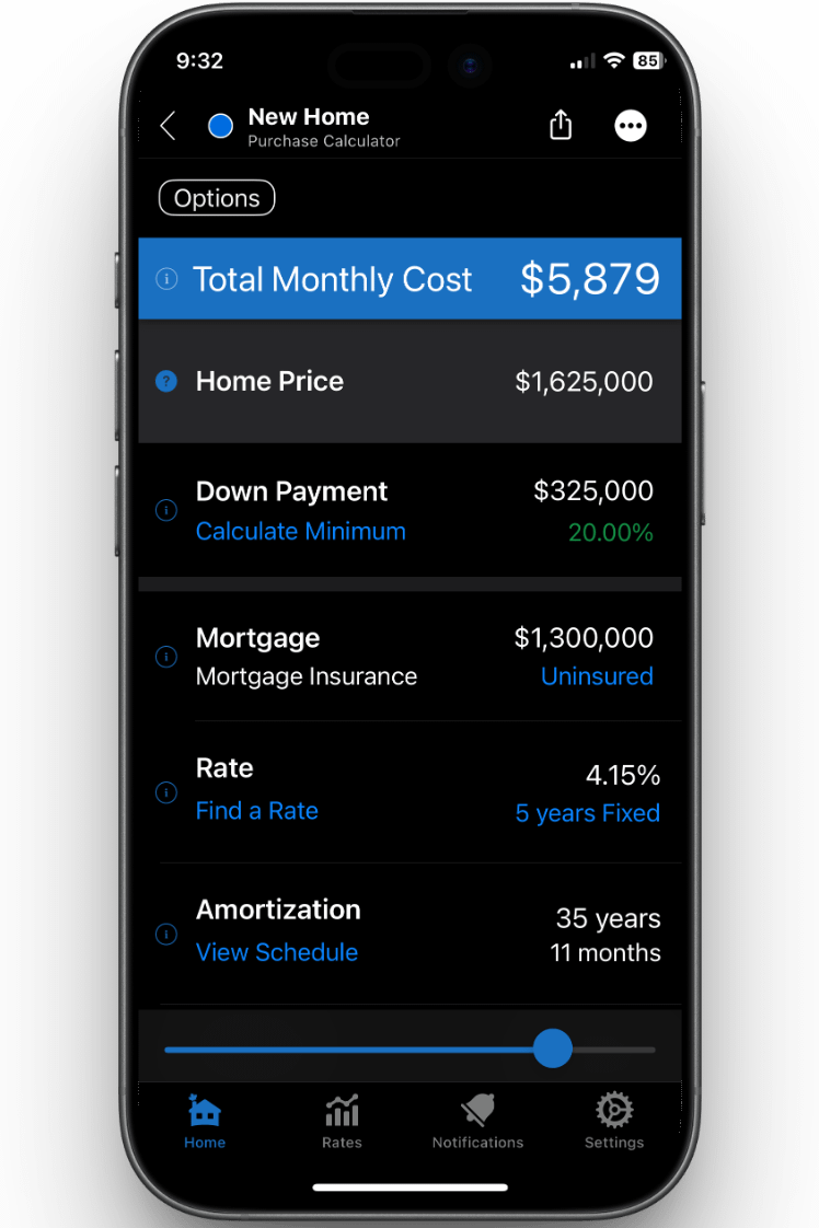Home purchase cost calculator estimating total monthly cost for a new home.