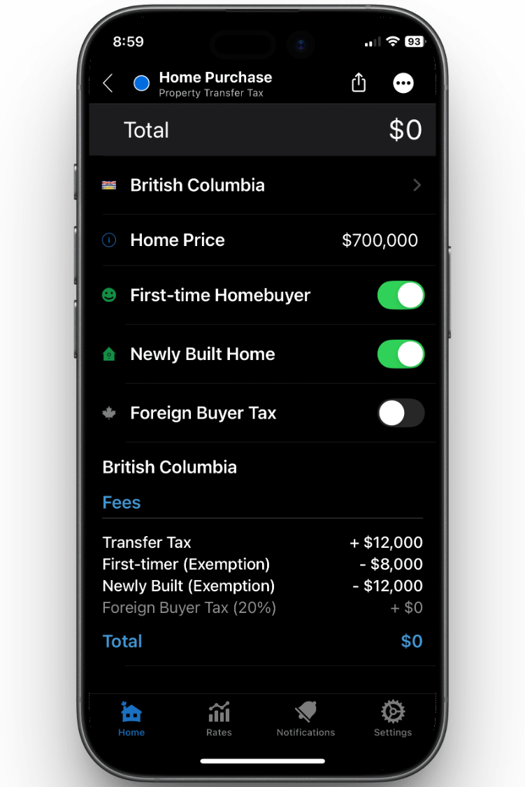 Land transfer tax calculator BC showing property transfer tax and first-time homebuyer exemptions.