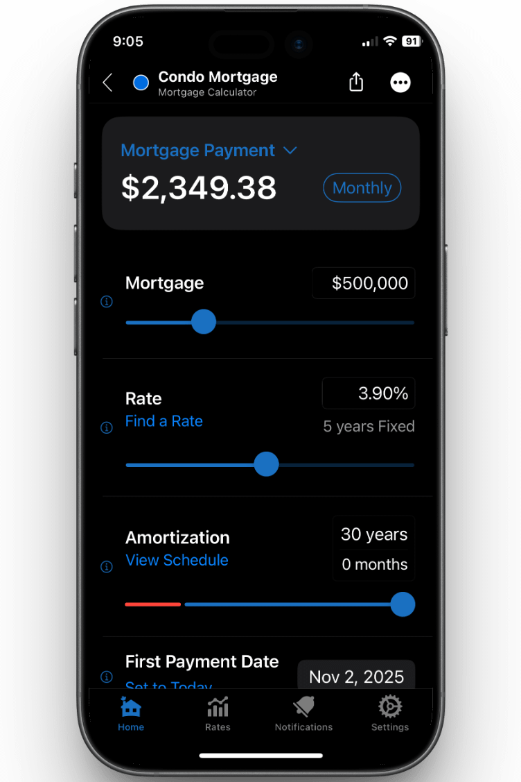 BC mortgage calculator showing condo mortgage payment estimate on mobile app