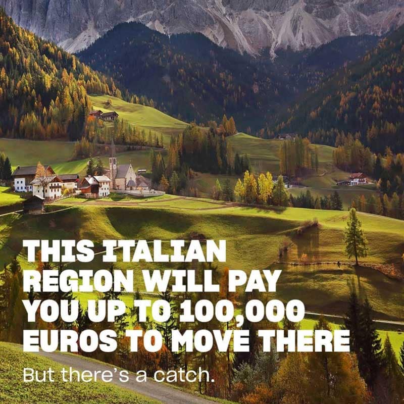 Italian mountain village offering relocation incentives up to 100,000 euros