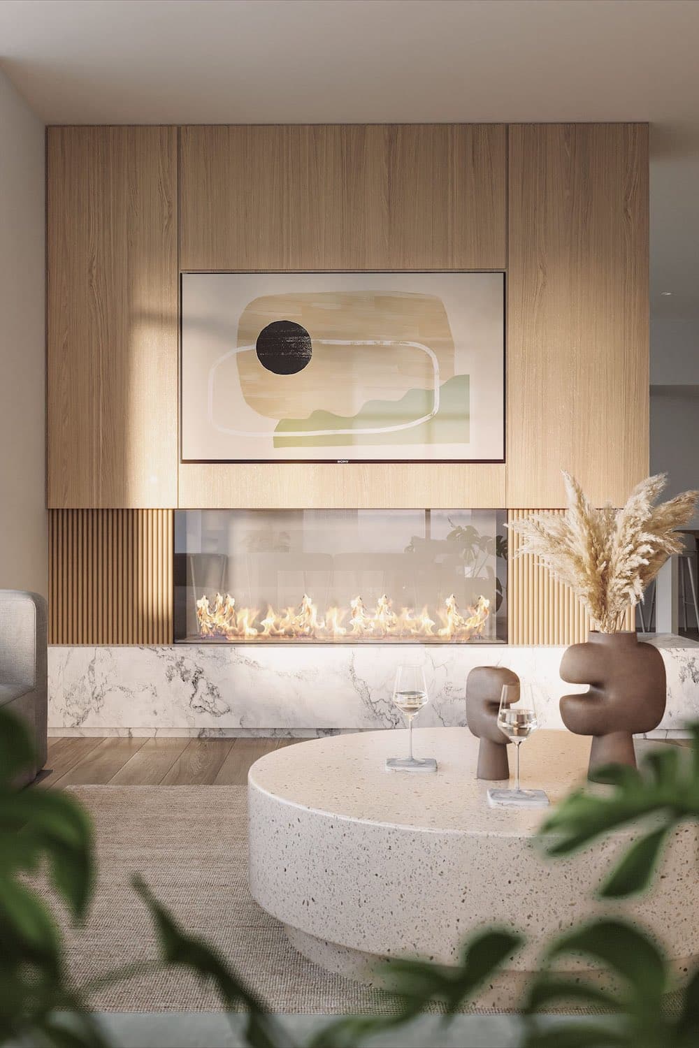Close-up of the modern fireplace feature wall inside the amenity lounge at Soco Two Coquitlam presale residences by Anthem located at 311 Alderson Ave in Coquitlam’s Maillardville neighbourhood showcasing wood panel wall design