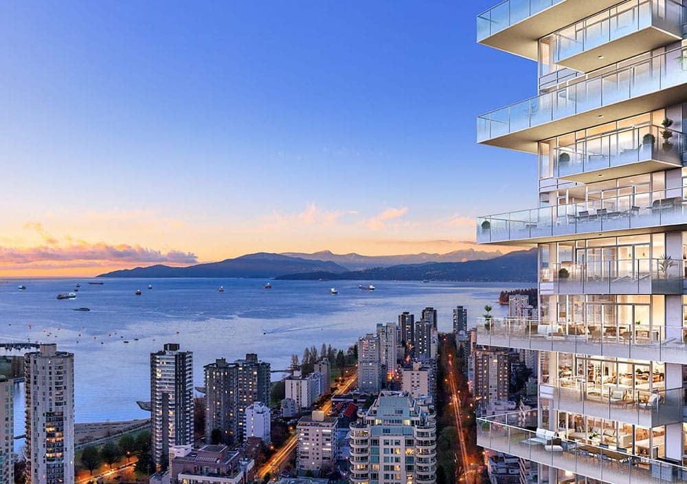 Sunset rendering from 1535 Howe Vancouver by Onni featuring luxury residences with expansive balconies overlooking English Bay, Downtown Vancouver, and mountain views from 1335 Howe Street.