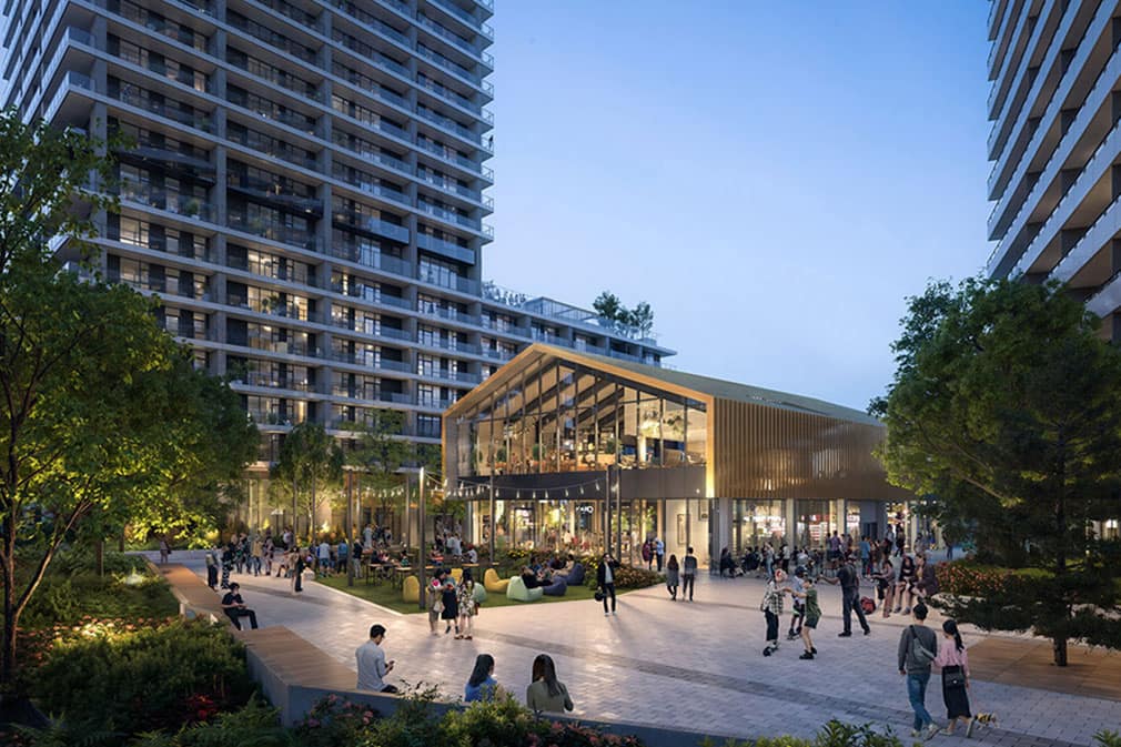 Evening plaza and pavilion at Parkway 2 Surrey by Bosa Properties