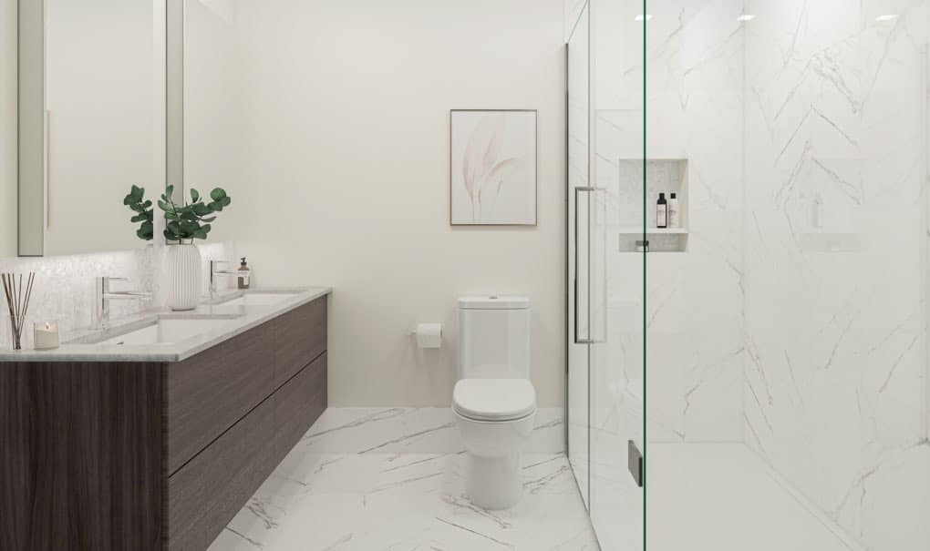Modern bathroom interior at Lakewood presale homes in Vancouverโs Grandview neighbourhood by Dimex Group, featuring a floating vanity, quartz countertop, contemporary fixtures, and a glass-enclosed shower at 2057 East 1st Avenue.