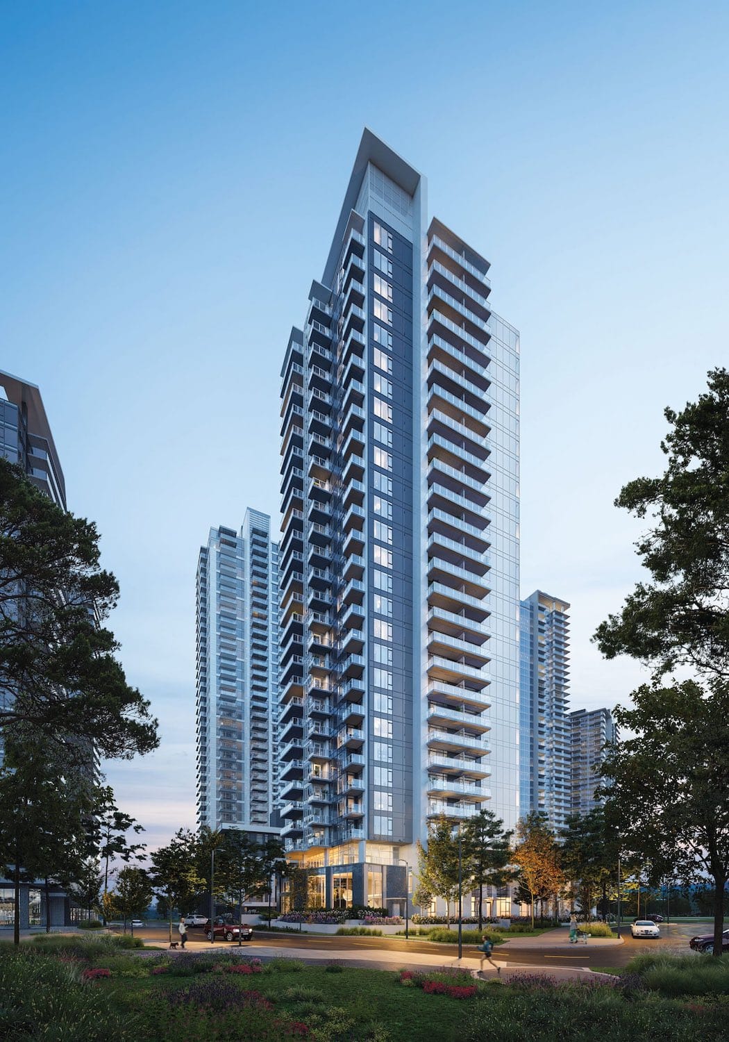 Exterior architectural rendering of the Soco Two Coquitlam residential tower by Anthem located at 311 Alderson Ave in Coquitlam’s Maillardville neighbourhood showing a modern high-rise building with glass balconies