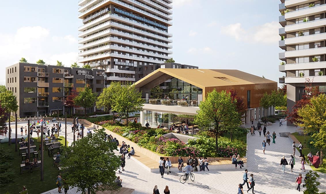 Daytime view of Parkway 2 Surrey plaza and pavilion.