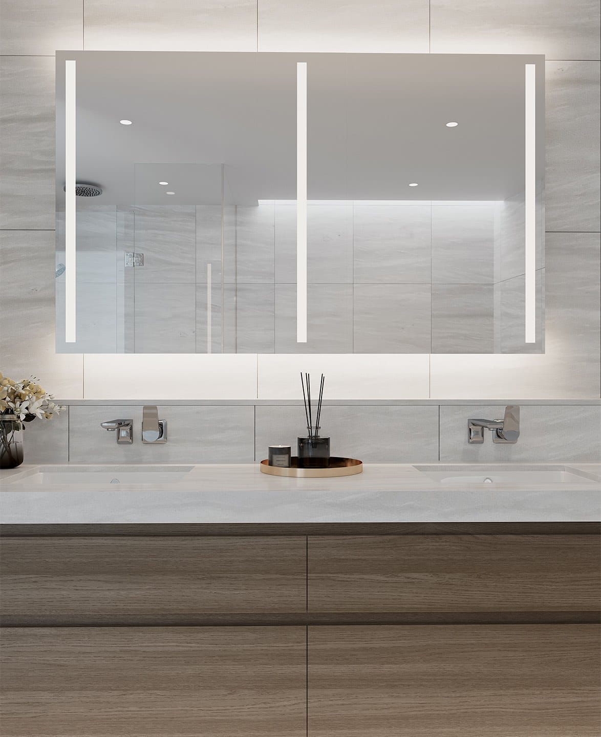 Tesoro Vancouver bathroom with dual vanity and LED lighted mirror