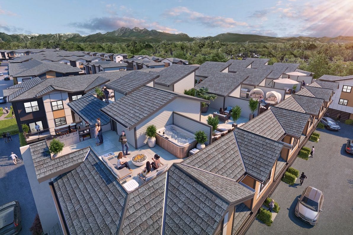 Rooftop decks at Elwynn Green Fleetwood townhomes in Surrey by Elegant Development.