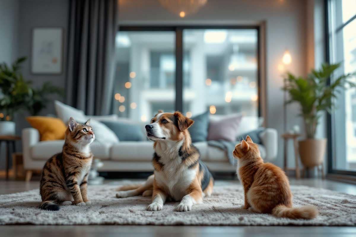 Dog and two cats sitting in a modern condo living room, illustrating the importance of checking strata pet restrictions.