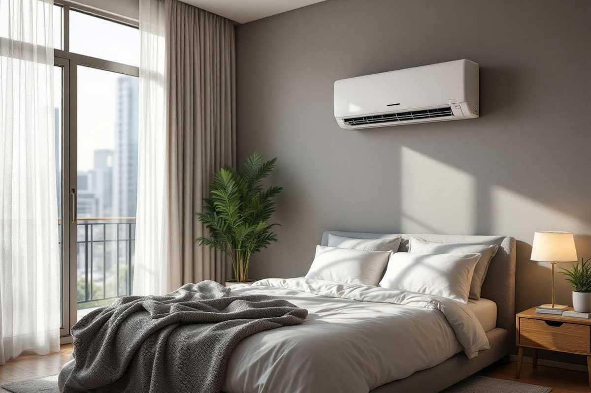 Modern condo bedroom with wall-mounted AC unit, highlighting the need to verify strata-approved alterations.