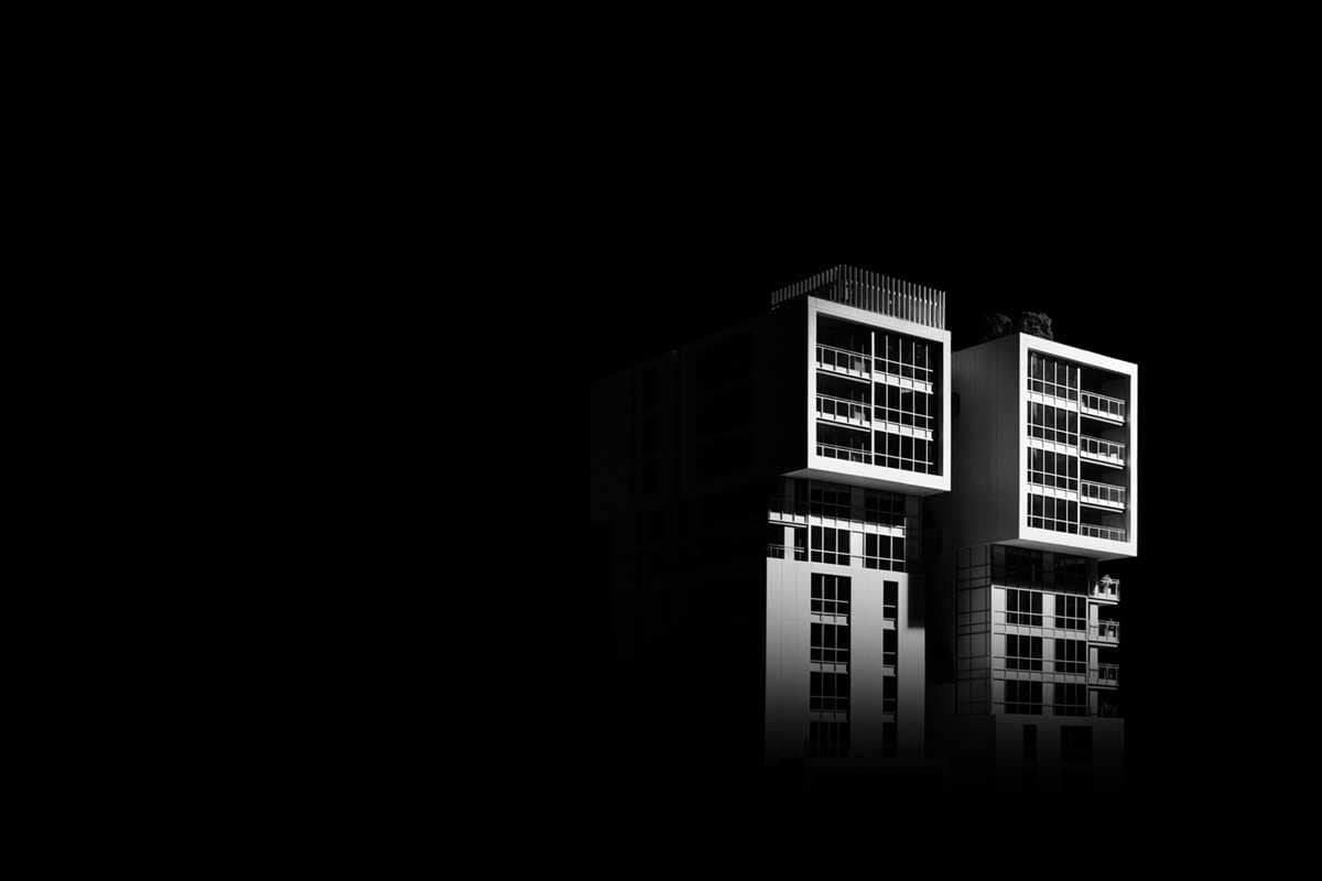 Architectural silhouette of 1818 Alberni Vancouver exterior at night