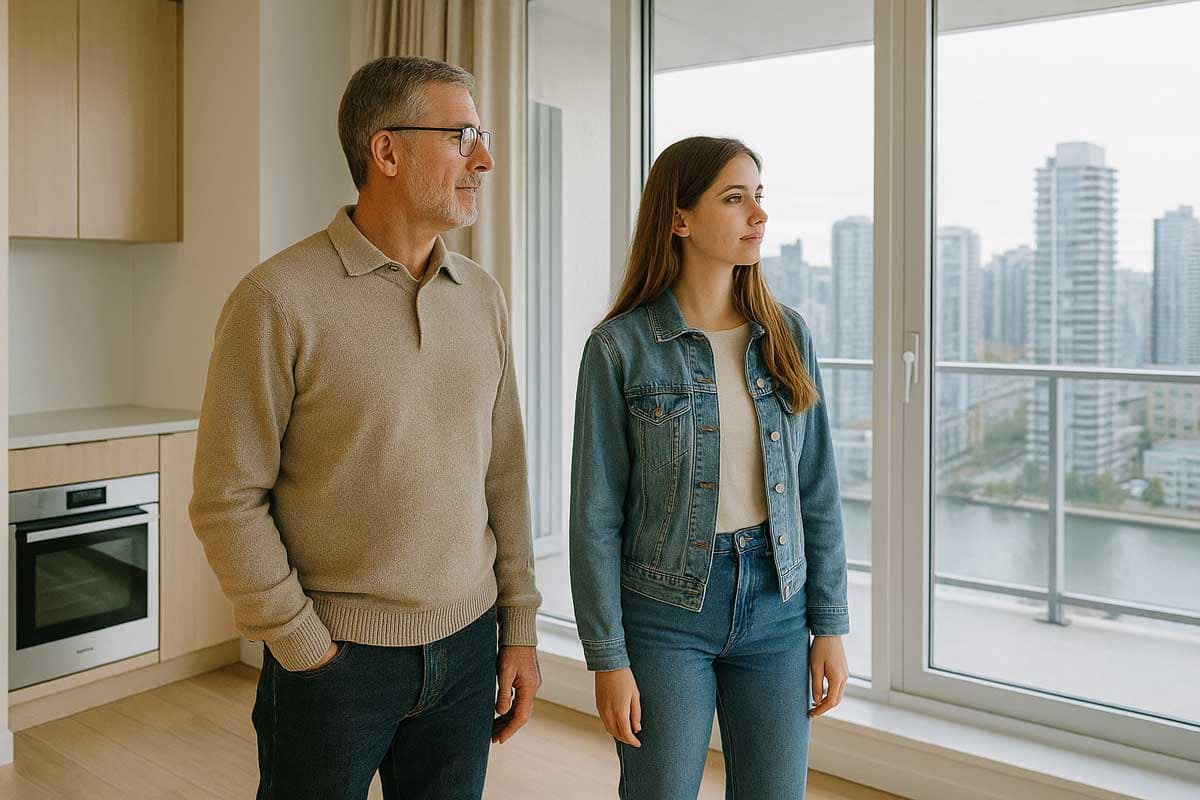 55-plus buyer viewing a Vancouver condo with his adult daughter, illustrating how age restrictions apply to principal residents.