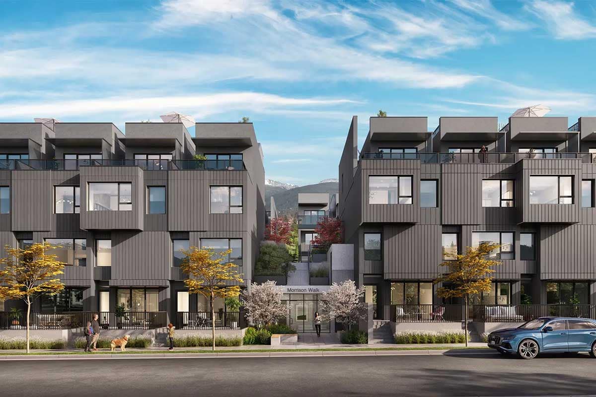 Streetscape rendering of Morrison Walk North Vancouver by CREO Developments at 602 2nd Street East, featuring contemporary townhomes, landscaped walkways, and boutique Lower Lonsdale architecture.
