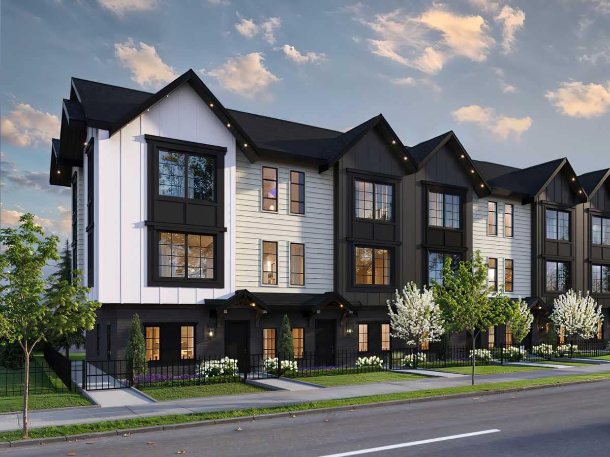 Contemporary Langley new construction homes featuring modern townhomes with clean architecture, private entrances, and landscaped streetscape.