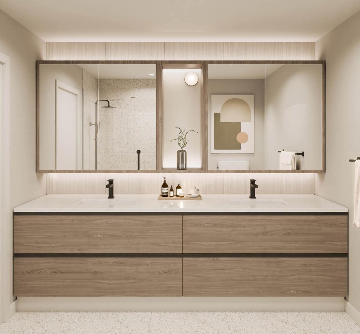 Modern bathroom interior rendering from Mercer Village New Westminster by Domus Homes located at 388 Duncan Street in Queensborough New Westminster. The design features a double vanity with wood cabinetry