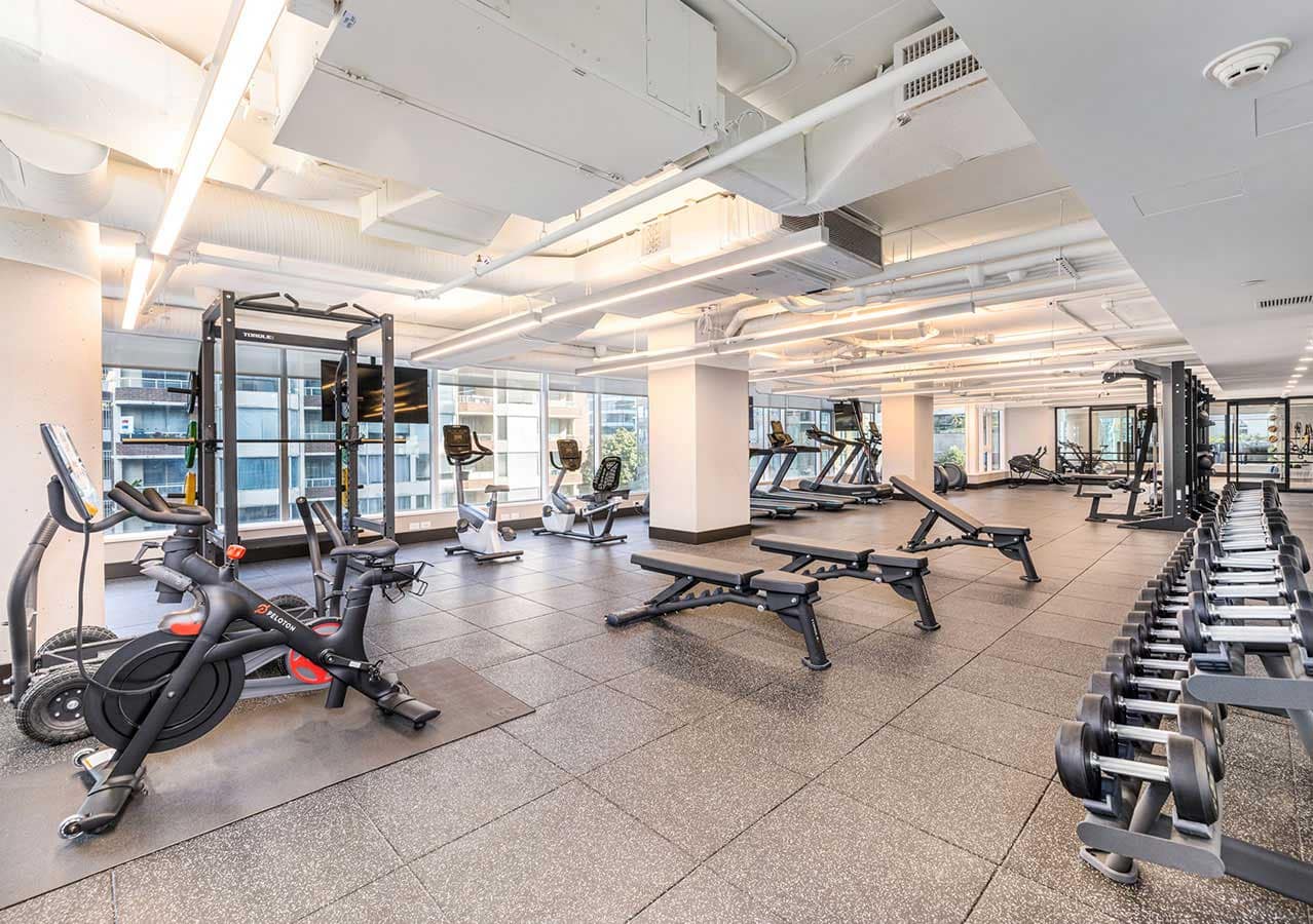 Modern fitness facility at 1535 Howe Vancouver featuring cardio equipment, free weights, strength training stations, and bright workout spaces in Downtown Vancouver at 1335 Howe Street.