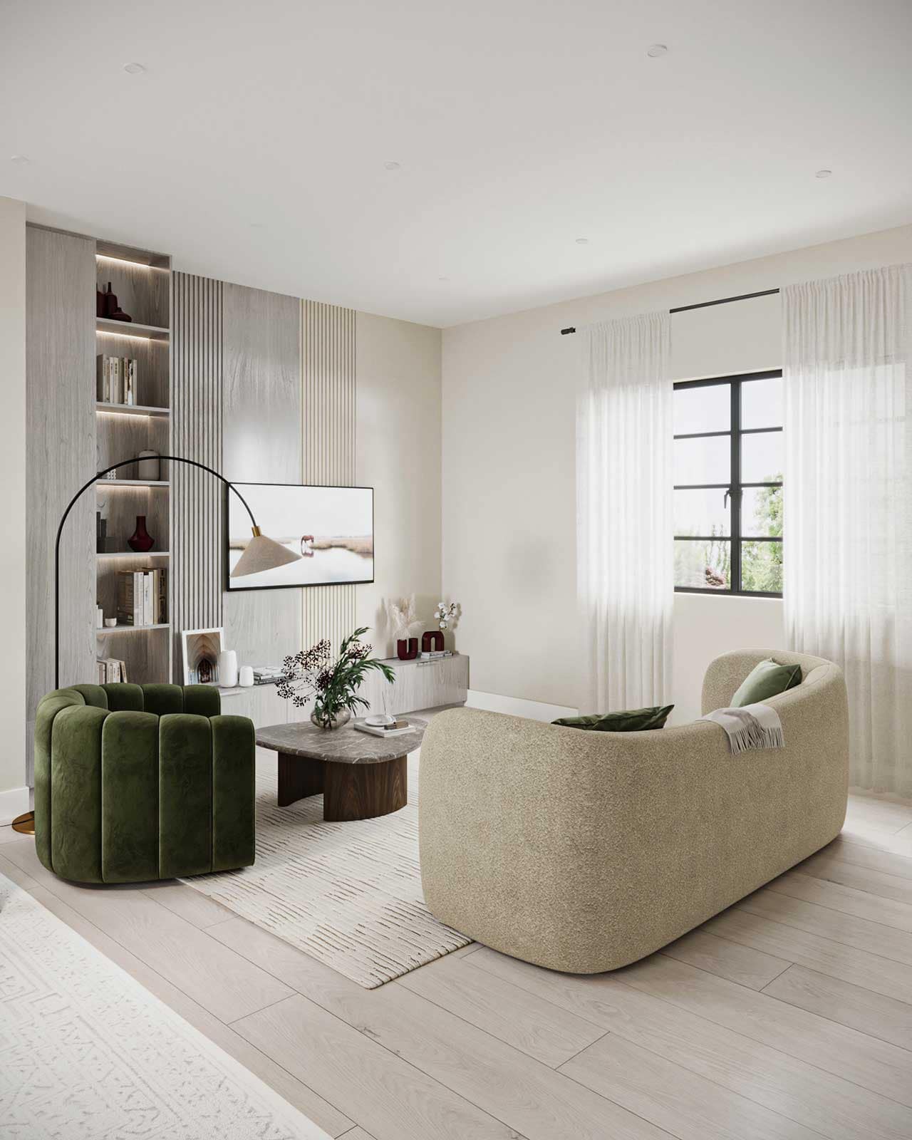 Designer living space at Bromley Langley by Leone Homes featuring curved seating, custom wall detailing, built-in shelving, oversized windows, and soft contemporary finishes at 20815 45A Avenue in Brookswood Langley.