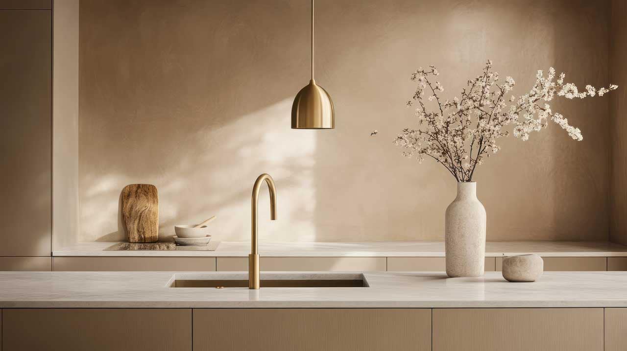 Brushed gold motion-sensor faucet over a farmhouse sink in a warm, minimalist kitchen with a brass pendant light
