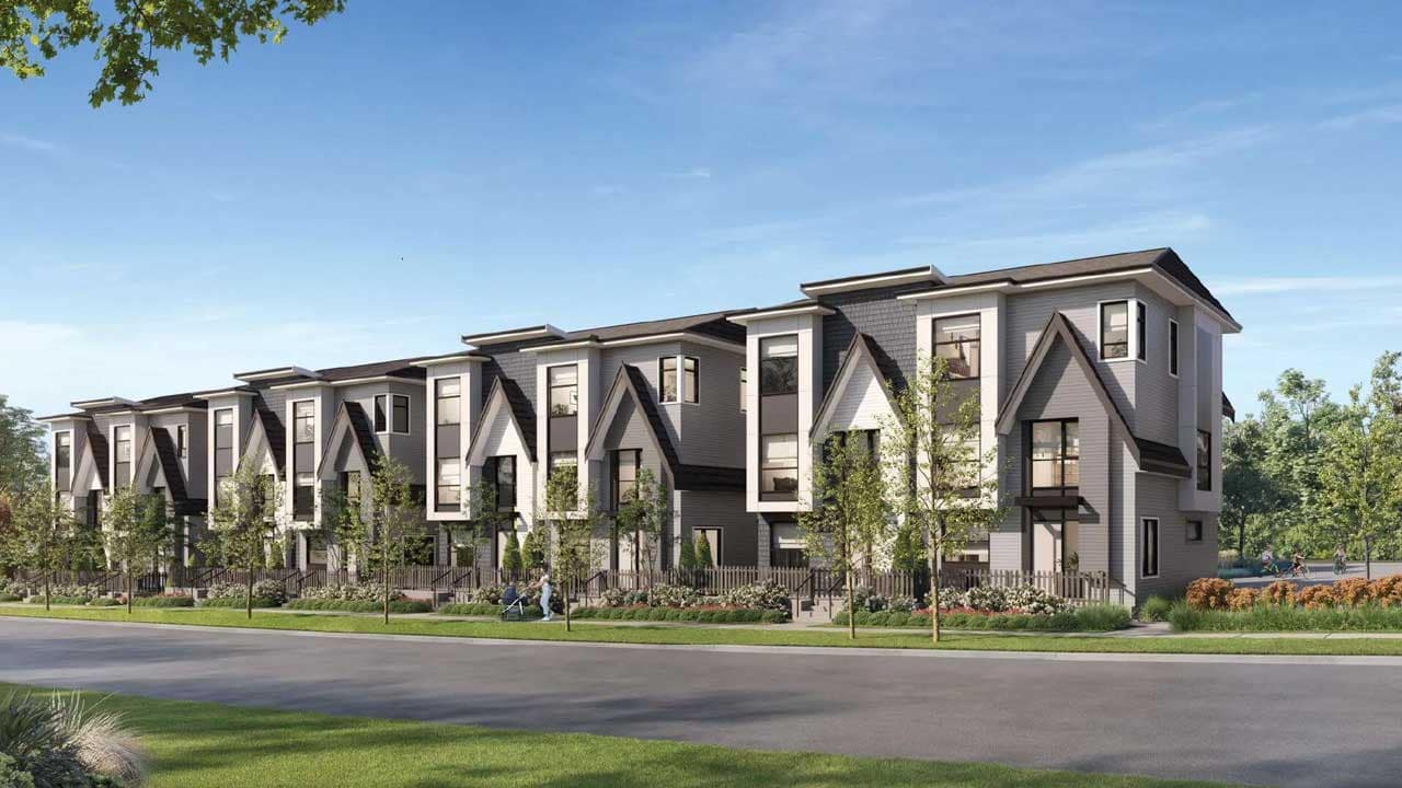 Front exterior rendering of the Carmel Collection Surrey townhome community by Ikonik Homes at 16765 25 Avenue, showcasing contemporary three-storey family homes with pitched rooflines, landscaped front yards, mature trees, and a streetscape in the Grandview Heights neighbourhood of South Surrey.