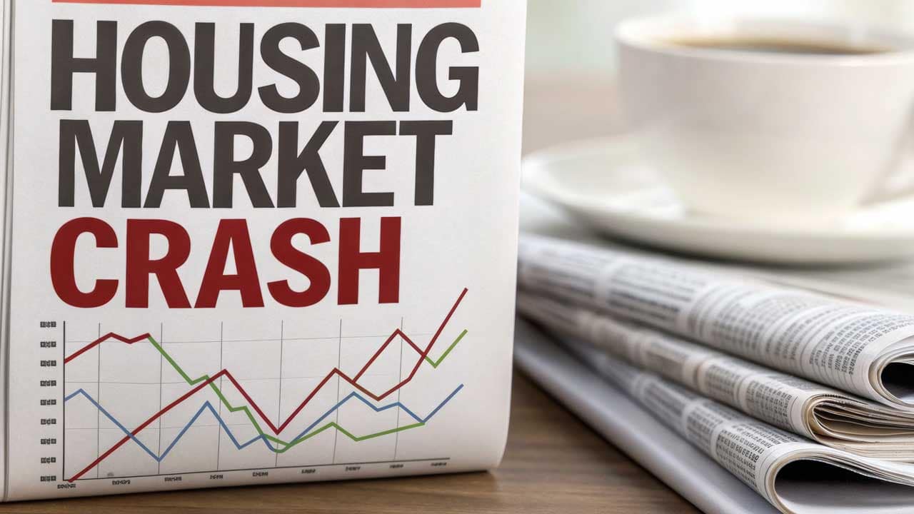 Newspaper headline reading "Housing Market Crash" next to a price trend chart, illustrating the Vancouver housing market crash