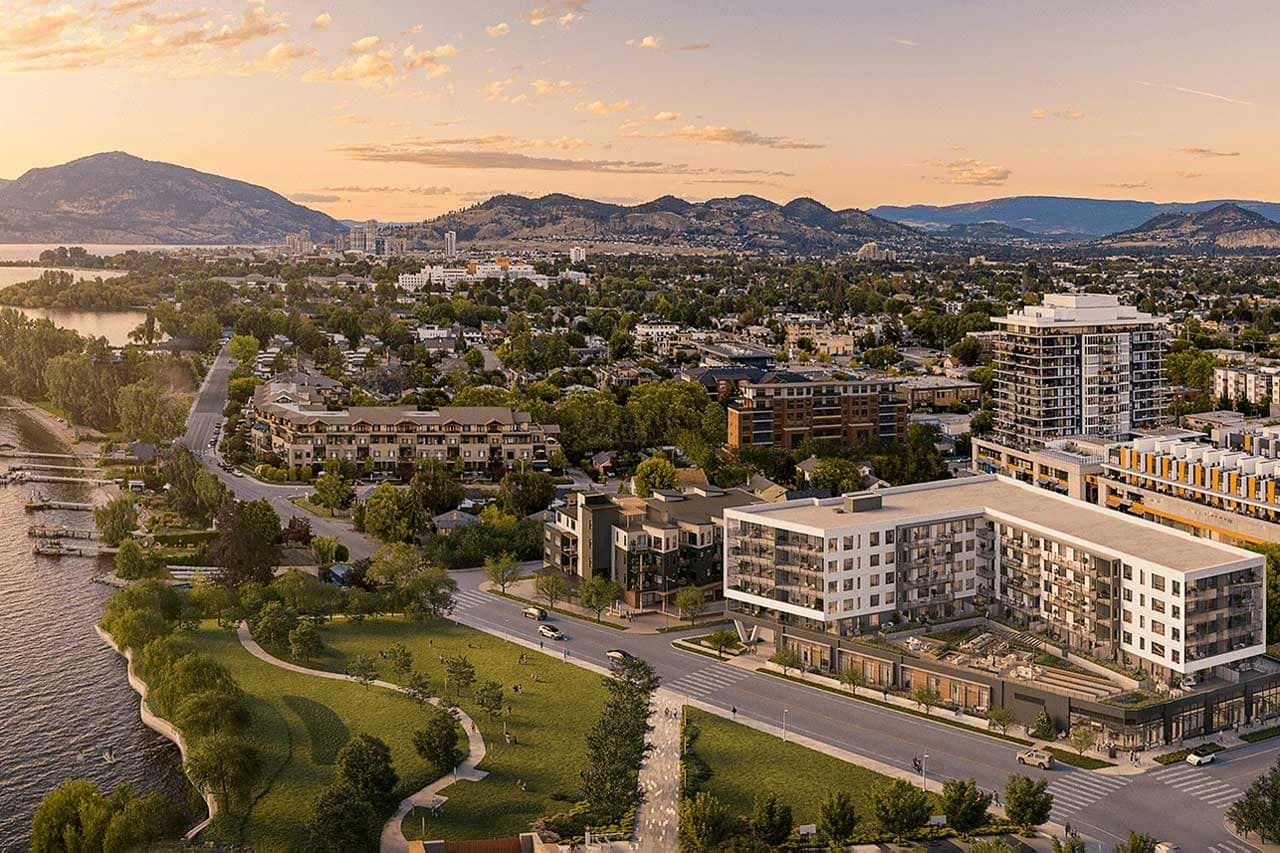Architectural rendering of Alma Kelowna by Mission Group at 3051 Abbott Street, highlighting the mid-rise condominium community beside Okanagan Lake with landscaped outdoor spaces, nearby waterfront park, and surrounding city views.