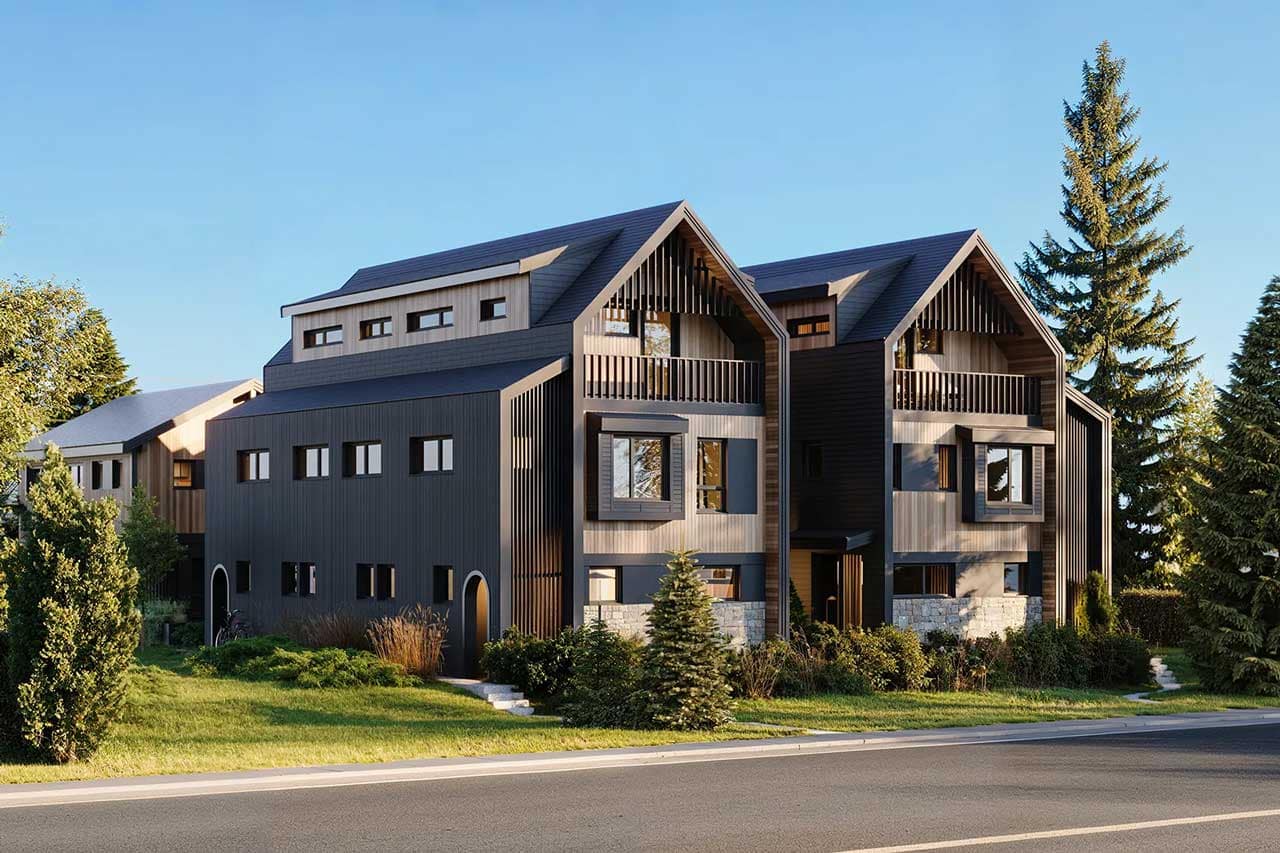 Exterior rendering of Ansoku Vancouver at 5032 Granville Street in Shaughnessy, featuring architecturally distinctive duplexes and detached townhomes developed by Lightwell Homes.
