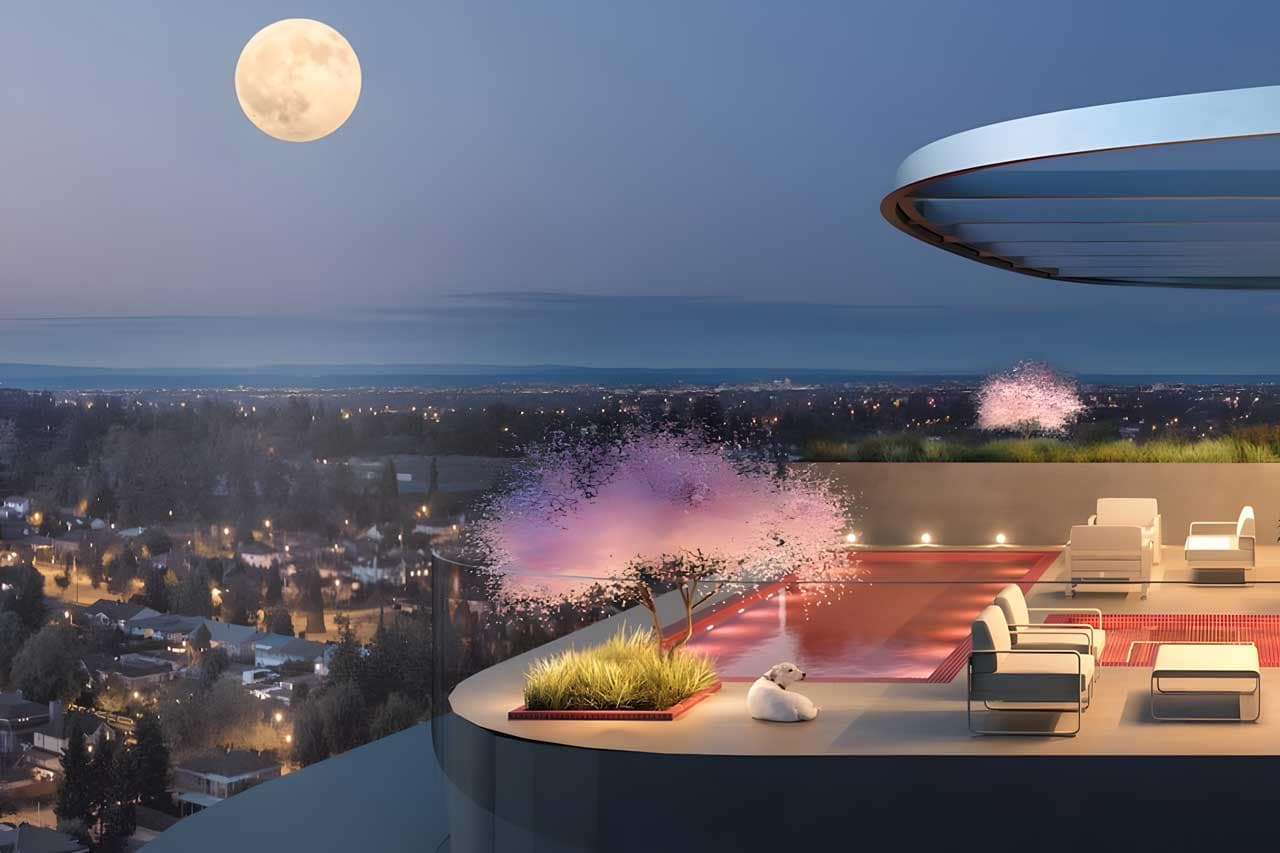 Evening rendering of the rooftop amenity terrace at Artesia Metrotown, a presale condominium development by Qualex Landmark at 5685 Halley Ave in Burnaby, featuring an outdoor pool, lounge seating, landscaped gardens, and panoramic city views designed for wellness-focused living.