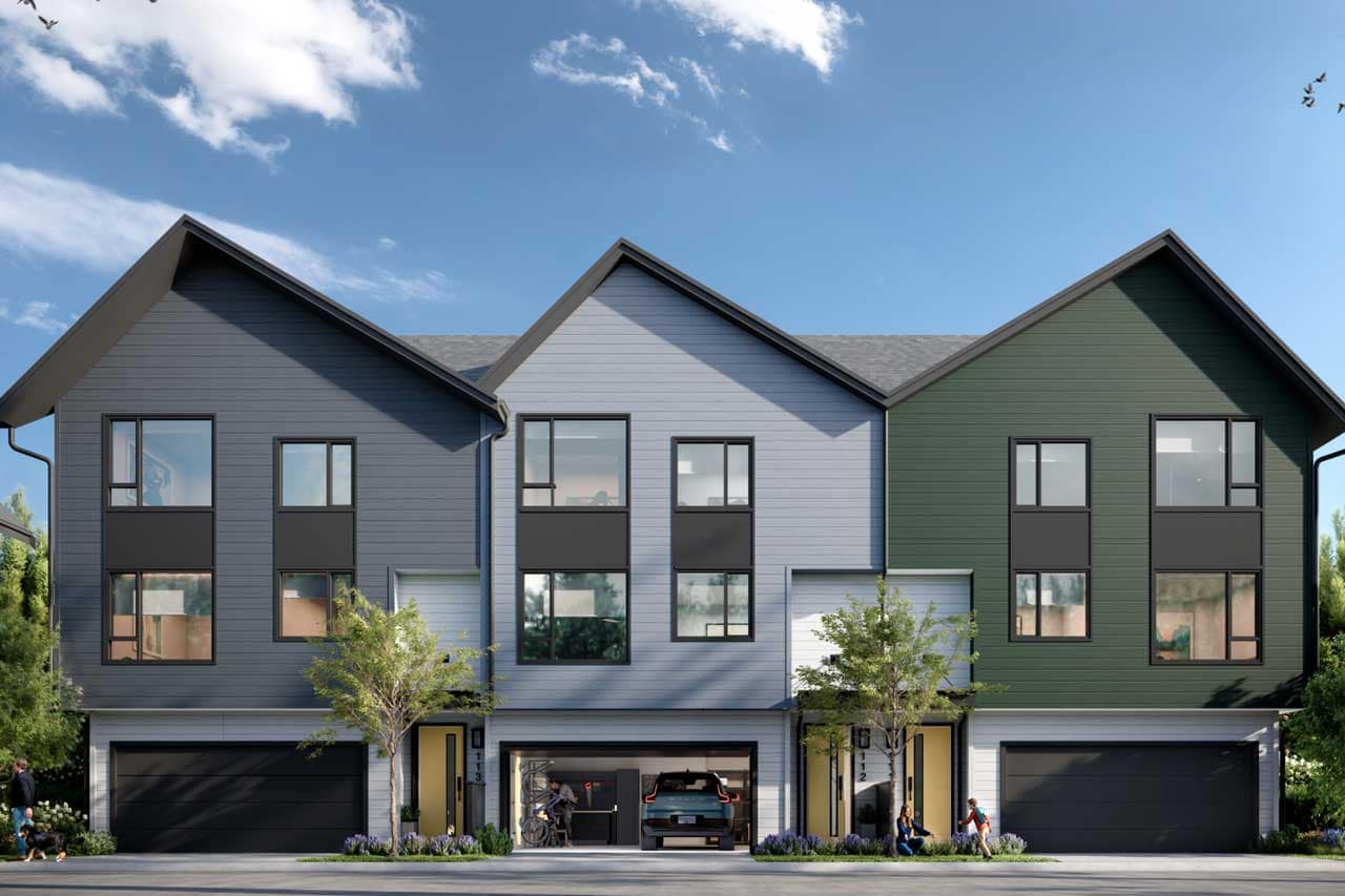 Street-facing rendering of Beaumont Burke Mountain by Polygon at 3630 Harper Road in Coquitlam, highlighting contemporary 3 and 4-bedroom townhomes with clean architectural lines, attached double garages, landscaped walkways, and mountain-inspired design.