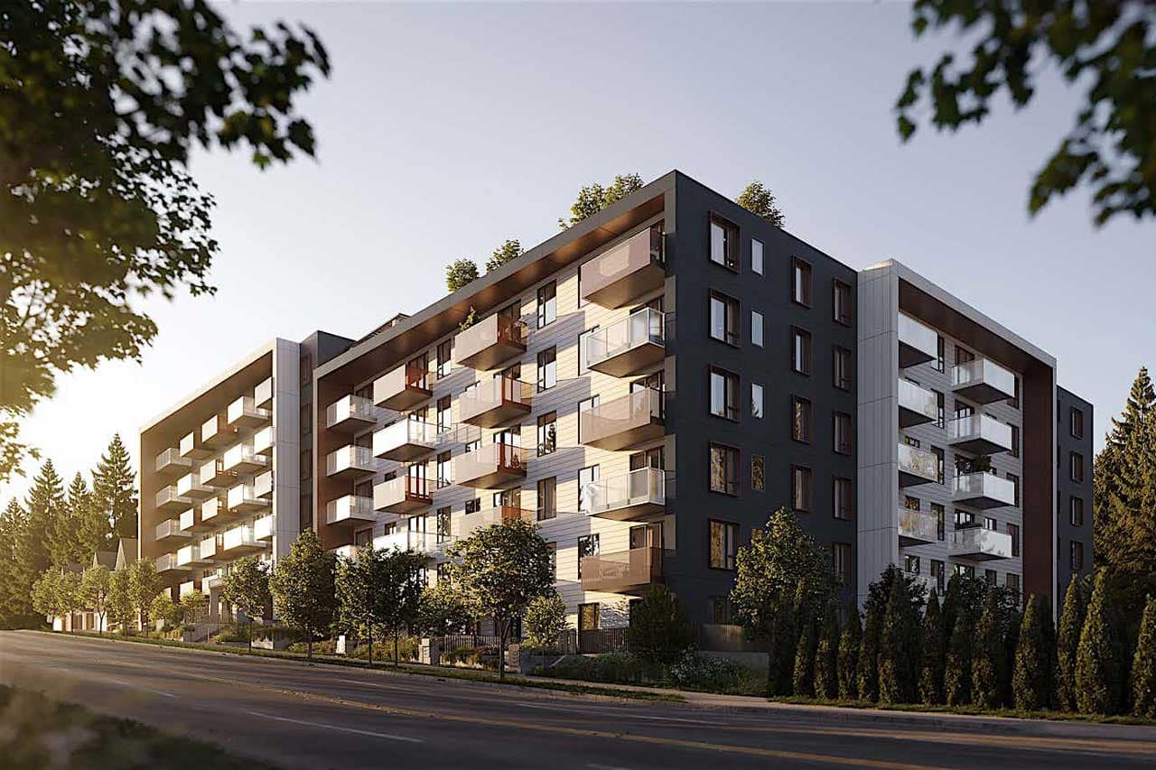 Exterior rendering of Botanica Coquitlam, a modern mid-rise presale condominium development by Qualex-Landmark located at 588 Harrison Ave in Coquitlam's Burquitlam neighbourhood. The image showcases contemporary architecture with glass balconies, landscaped streetscape, mature trees, and a nature-inspired residential setting designed for connected community living.