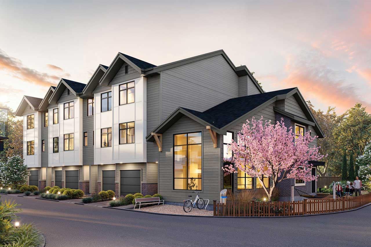 Architectural rendering of Charlton Cloverdale at 17429 59 Avenue, developed by Warwickshire Homes, featuring modern three-storey townhomes with attached garages, large windows, landscaped grounds, and a prominent corner residence with flowering trees.