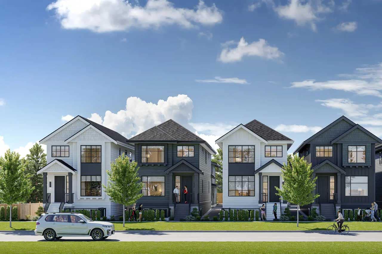 Architectural streetscape rendering of Edgewood Surrey, a new presale home community by Bassi Properties located at 16775 21 Avenue in South Surrey, BC. The image features a collection of contemporary detached homes with modern farmhouse-inspired architecture, contrasting black and white exterior finishes, large windows, landscaped front yards, mature street trees, and pedestrian-friendly sidewalks. Residents are shown walking and cycling along the quiet residential street, highlighting the family-oriented atmosphere and neighbourhood character of the Edgewood Surrey development in South Surrey.