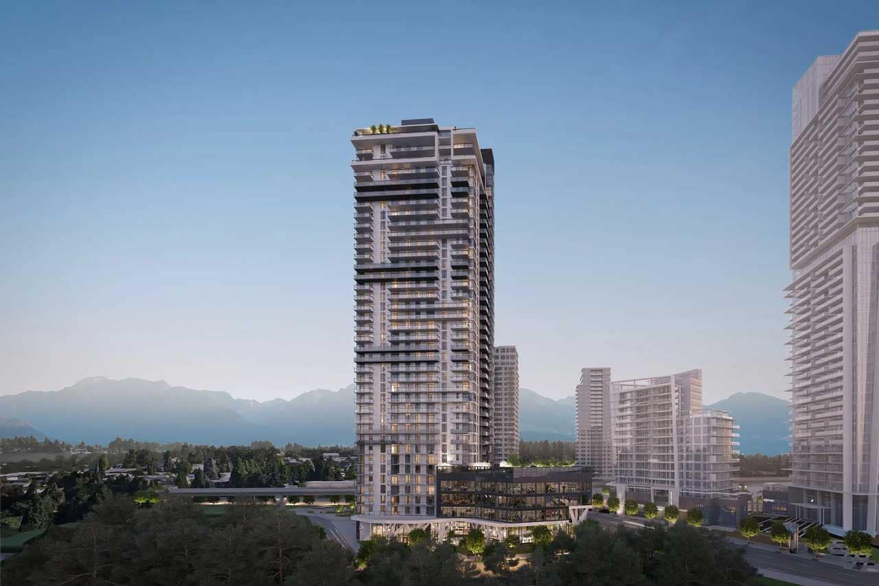 Architectural rendering of Elmwood Coquitlam, a modern high-rise presale condominium development by Marcon located at 612 Elmwood Street in Burquitlam, Coquitlam. The image showcases the striking residential tower with expansive balconies, illuminated interiors, a multi-level podium, surrounding mixed-use buildings, and mountain views in the background, highlighting the transit-oriented urban lifestyle near Burquitlam SkyTrain Station.