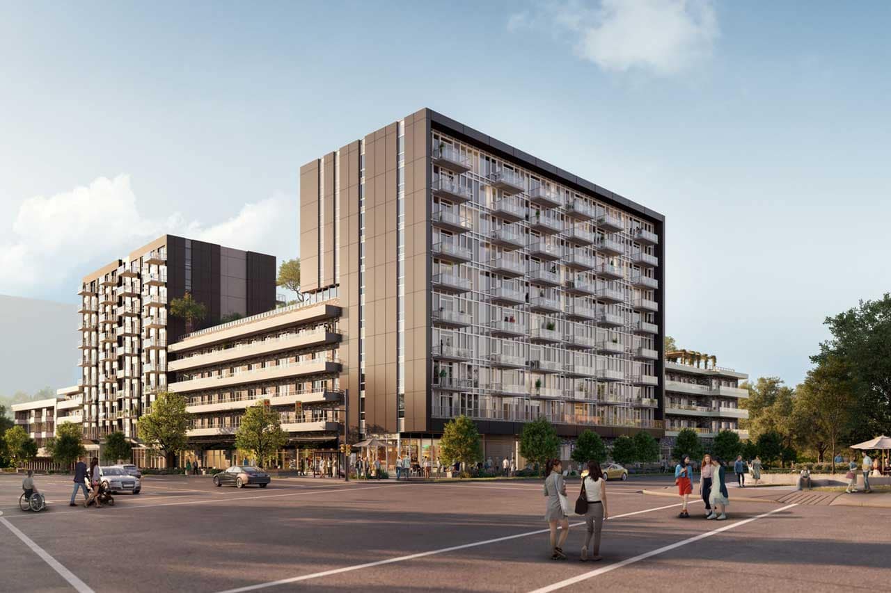Architectural rendering of Frame Vancouver, a presale condominium development by Peterson at 5189 Earles Street in Vancouver, featuring contemporary mid-rise residential buildings with expansive balconies, street-level retail, landscaped public spaces, and a walkable urban streetscape.