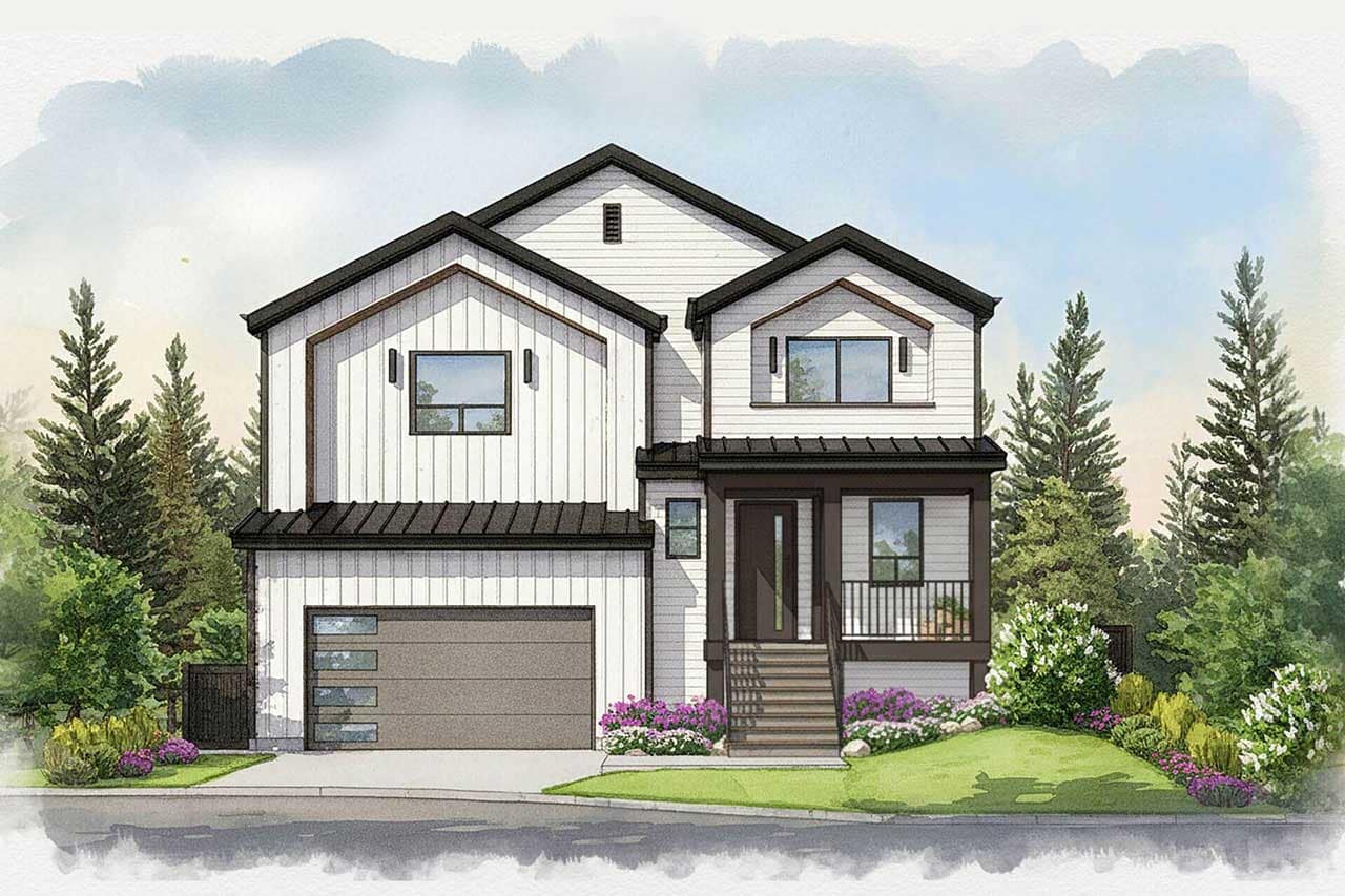 Front exterior rendering of a contemporary two-storey single-family home at Haven Maple Ridge, a new home community by Epic Homes located at 11205 250B Street in Maple Ridge. The home features white board-and-batten siding, dark metal roof accents, a double garage, covered front porch, landscaped front yard, and modern farmhouse-inspired architecture surrounded by mature trees and natural greenery.