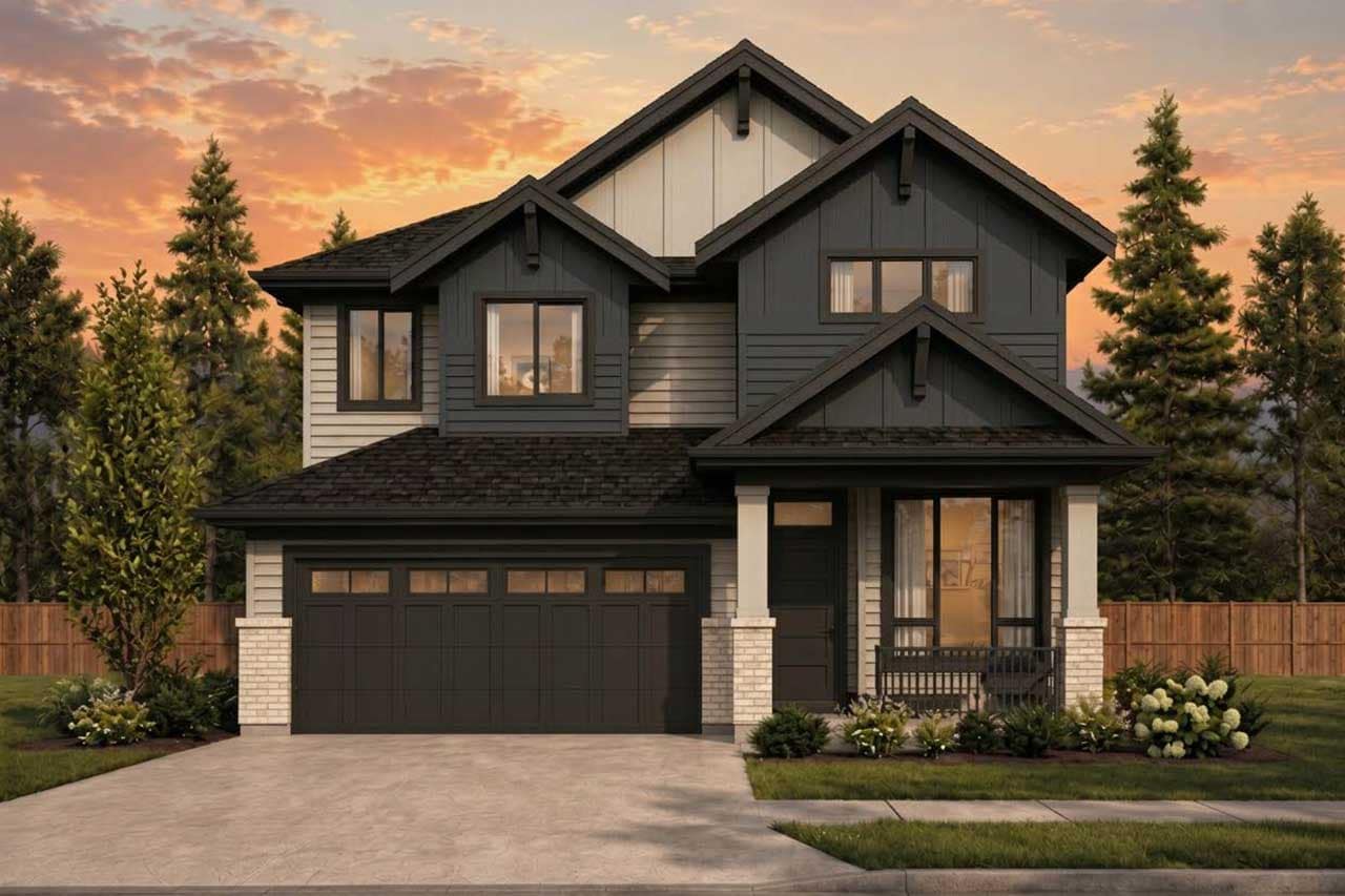 Front exterior rendering of a two-storey detached home with a double garage at Yorkson Meadows Langley by Foxridge Homes, located at 8425 207A Street in Langley. The design features dark exterior finishes, covered entry, landscaped front yard, and modern family-oriented architecture.