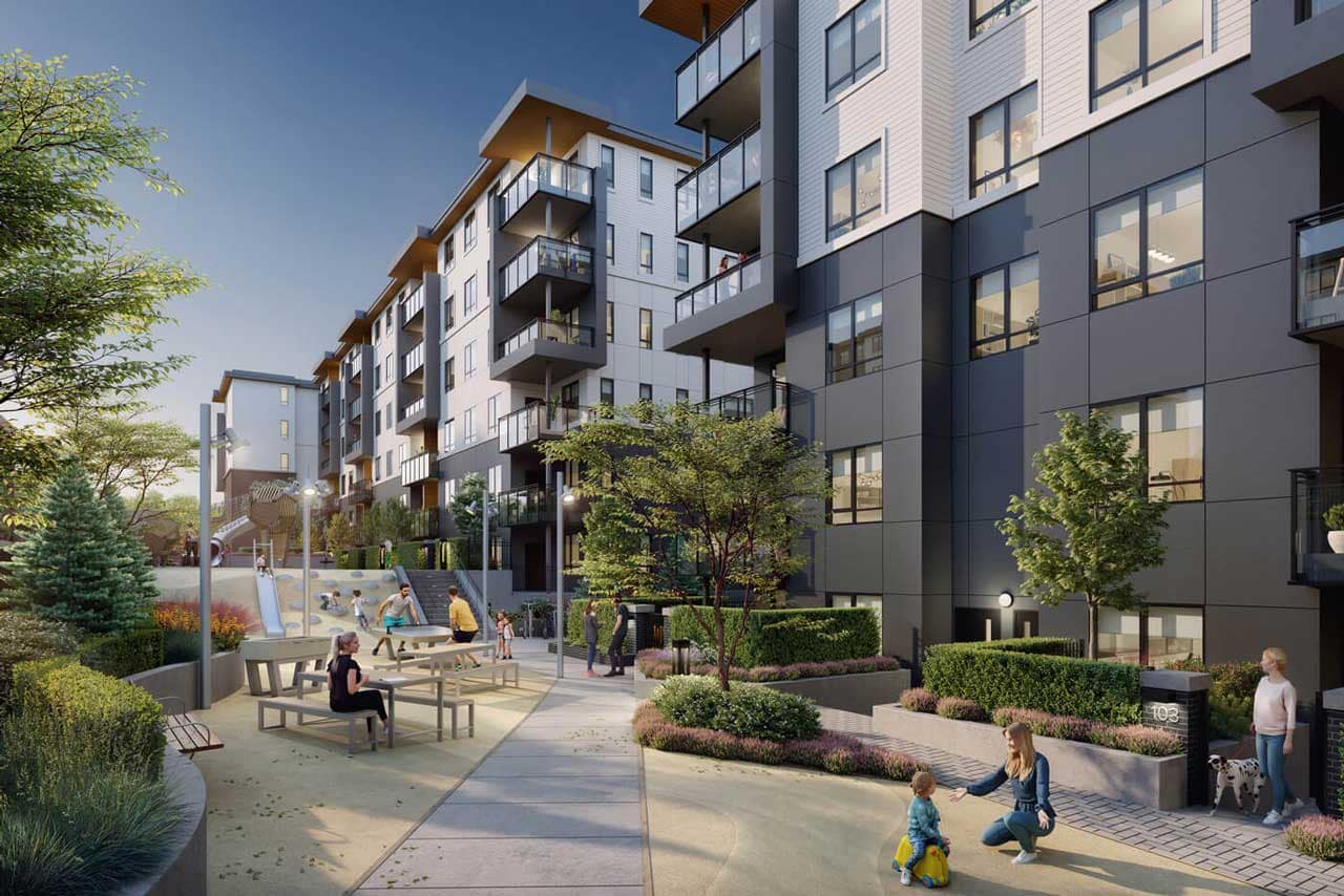Outdoor courtyard and family-friendly amenities at Jericho Park Langley by Essence Properties featuring landscaped walkways, seating areas, children’s play space, and modern residential buildings at 19925 78B Avenue in Langley.