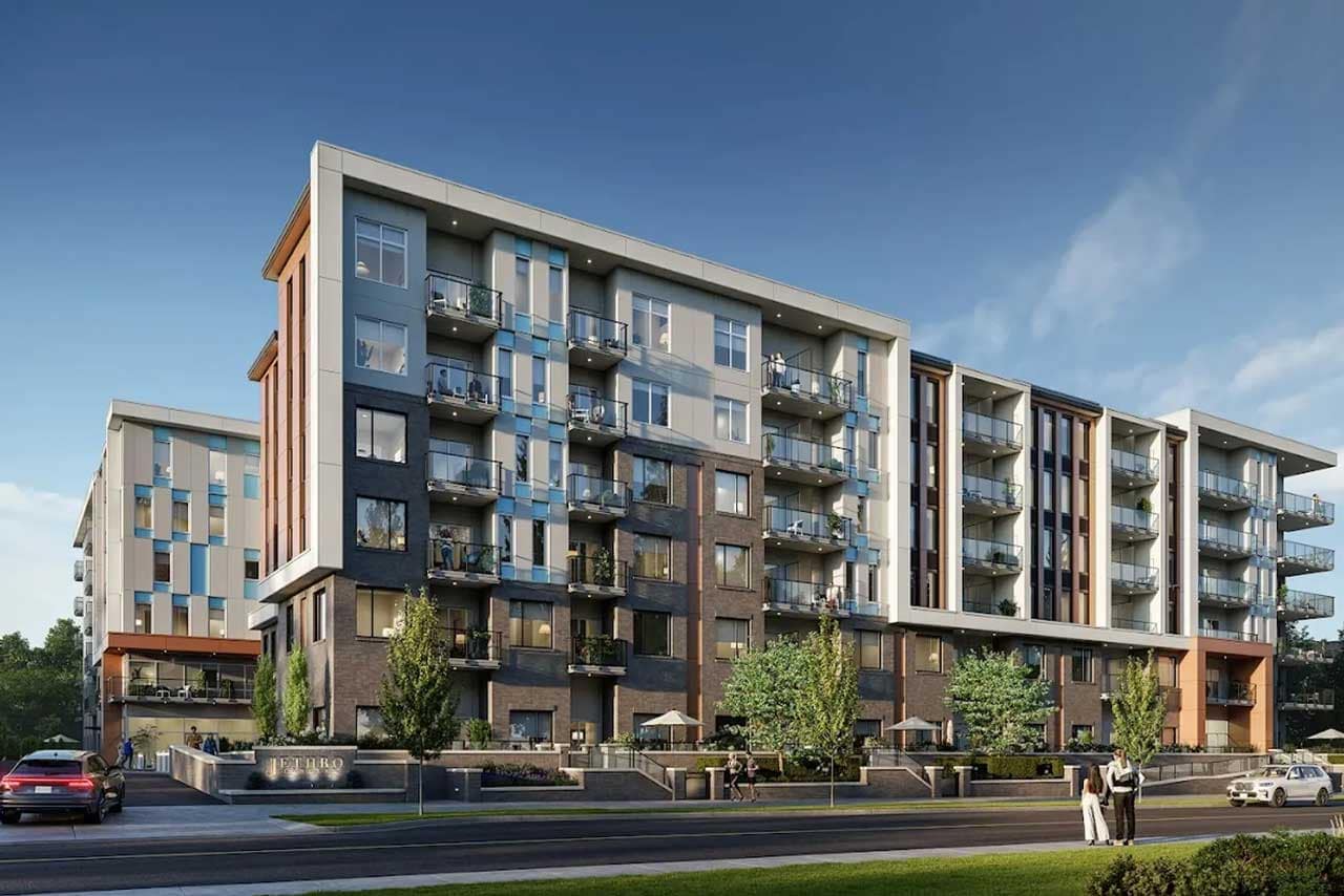 Architectural rendering of Jethro Langley, a presale condominium development by Whitetail Homes at 5362 204 Street in Langley, featuring contemporary mid-rise residential buildings with glass balconies, landscaped courtyards, and modern West Coast architecture along a tree-lined street.