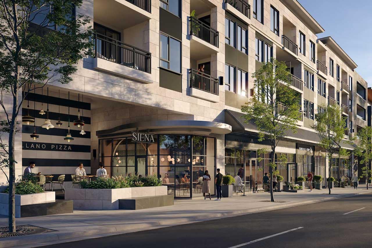 Street-level rendering of Siena Burnaby by Landa Global Properties at 4451 Hastings Street, showcasing the boutique mixed-use building with luxury condominium residences above vibrant retail storefronts, landscaped sidewalks, outdoor seating, and pedestrian-friendly streetscape in Burnaby's Vancouver Heights neighbourhood.
