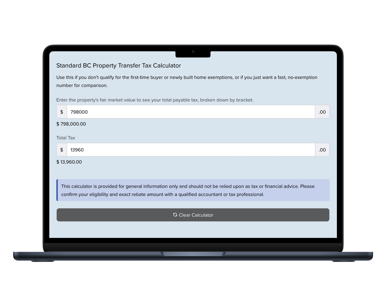 Screenshot of the BC Property Transfer Tax Calculator showing a property value entry and the resulting total tax owed under the standard rate, with no exemptions applied.