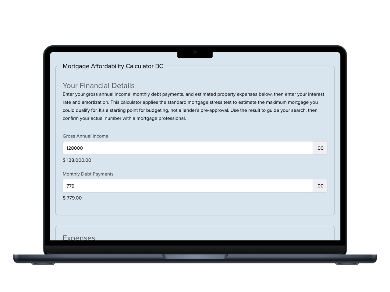 Screenshot of the Mortgage Affordability Calculator BC showing input fields for gross annual income and monthly debt payments, used to estimate mortgage qualification under Canada's stress test.