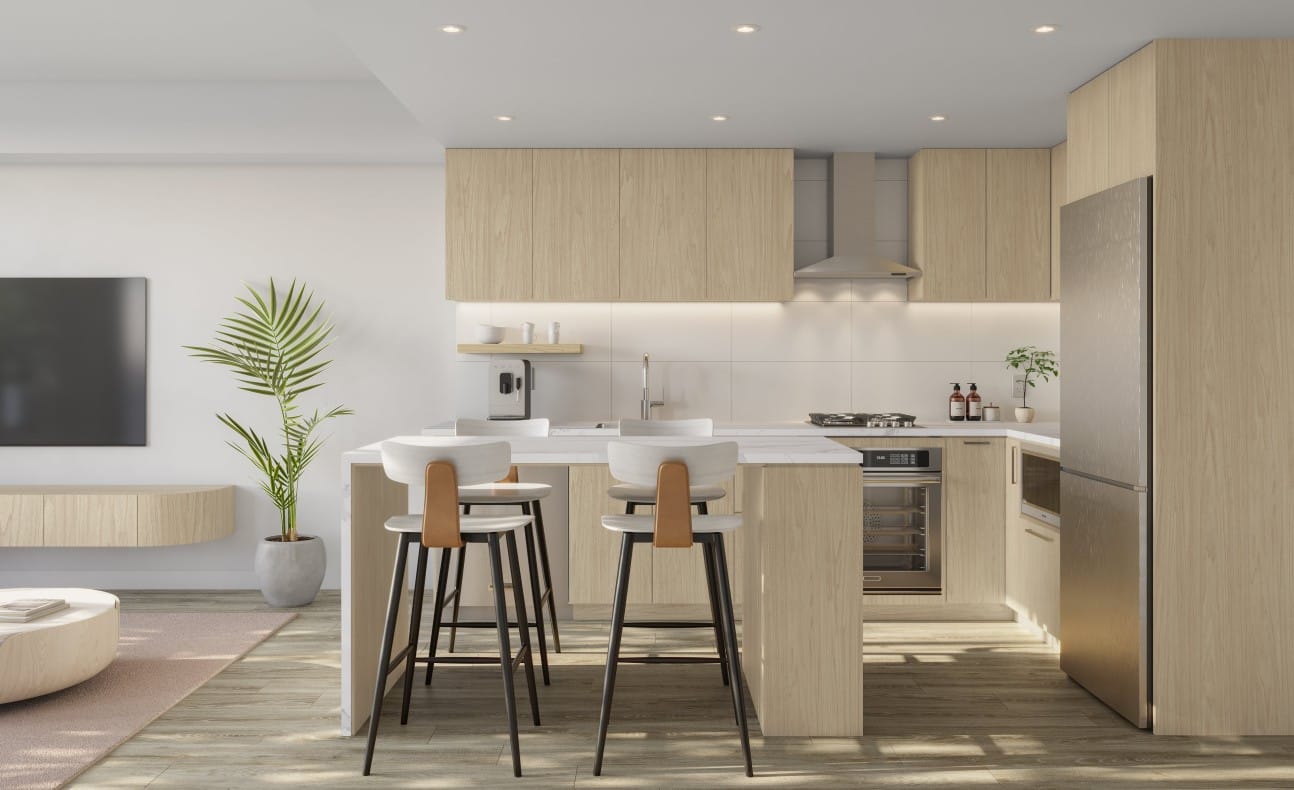 Light wood Dawn kitchen at Alma Kelowna with under-cabinet lighting and integrated appliances.
