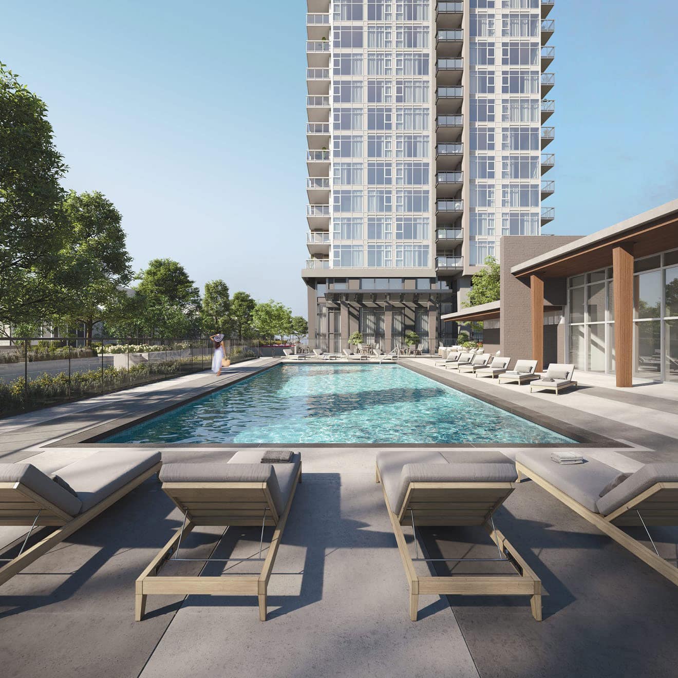 Outdoor swimming pool amenity at Smith & Farrow presale development in Coquitlam West by Boffo Developments, located at 720 Farrow Street, featuring a landscaped pool deck, lounge seating, modern pavilion, and a residential tower backdrop designed for relaxed outdoor living.